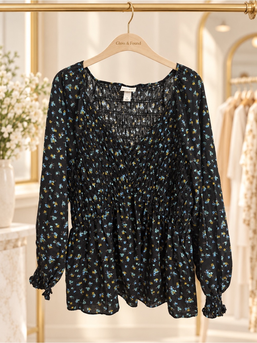 Ava & Viv Black Floral Smocked Peplum Blouse Size X Balloon Sleeve